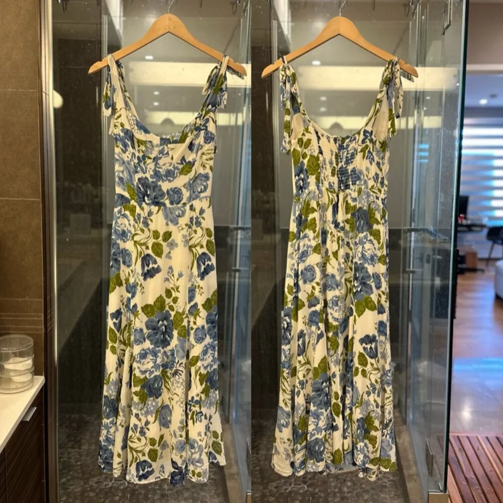 REFORMATION Nadira Lucca Floral Pattern Sleeveless Midi Dress (Blue/Cream/Green) - Picture 7 of 16